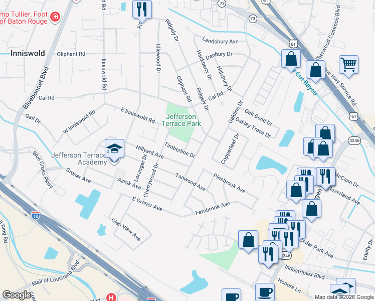 map of restaurants, bars, coffee shops, grocery stores, and more near 10471 Barry Drive in Baton Rouge