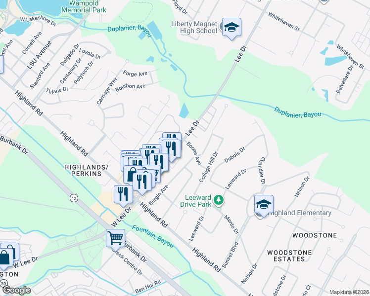 map of restaurants, bars, coffee shops, grocery stores, and more near 5344 Boone Avenue in Baton Rouge