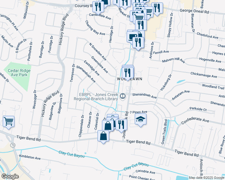 map of restaurants, bars, coffee shops, grocery stores, and more near 14651 Shenandoah Avenue in Baton Rouge