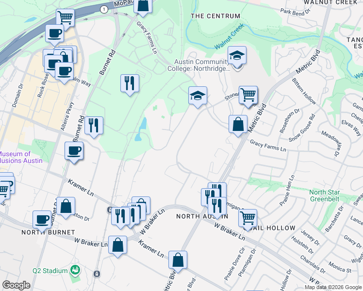 map of restaurants, bars, coffee shops, grocery stores, and more near 11701 Stonehollow Dr in Austin