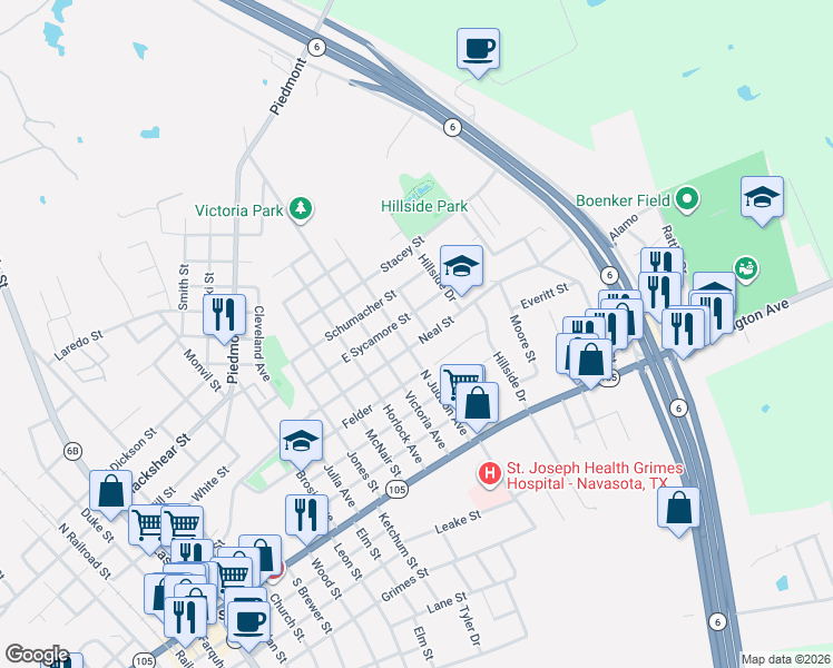map of restaurants, bars, coffee shops, grocery stores, and more near 1315 Neal Street in Navasota