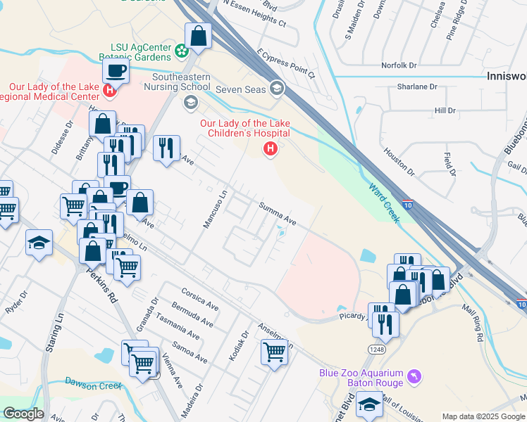 map of restaurants, bars, coffee shops, grocery stores, and more near 5110 Butter Creek Lane in Baton Rouge