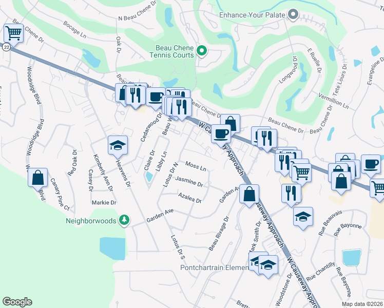 map of restaurants, bars, coffee shops, grocery stores, and more near 629 Village Lane North in Mandeville