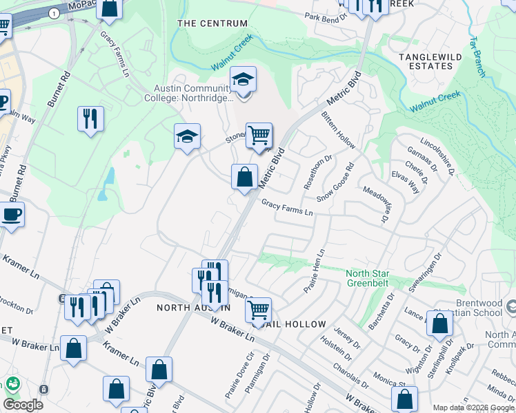 map of restaurants, bars, coffee shops, grocery stores, and more near 1913 Prairie Knoll Court in Austin
