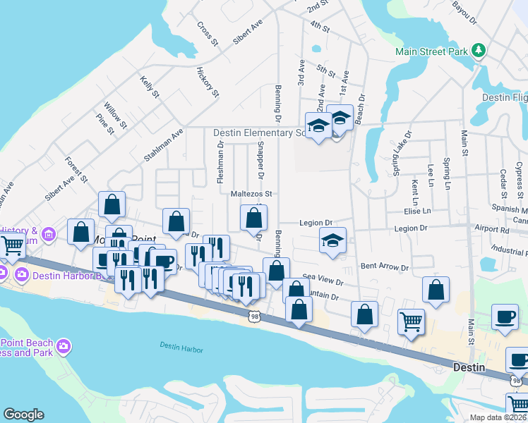 map of restaurants, bars, coffee shops, grocery stores, and more near 308 Snapper Drive in Destin