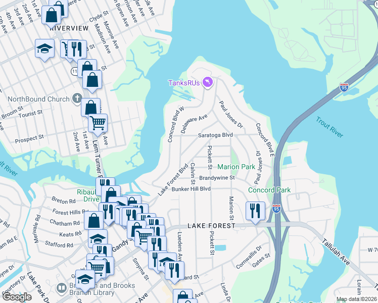 map of restaurants, bars, coffee shops, grocery stores, and more near 1049 Lake Forest Boulevard in Jacksonville
