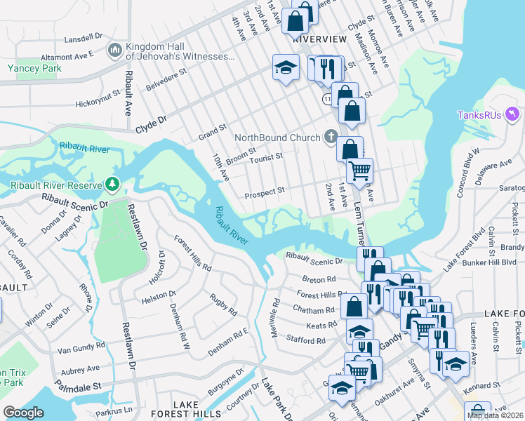map of restaurants, bars, coffee shops, grocery stores, and more near 8644 7th Avenue in Jacksonville