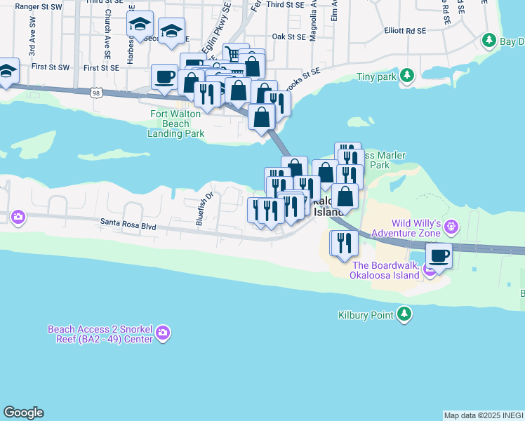 map of restaurants, bars, coffee shops, grocery stores, and more near 216 Angler Avenue in Fort Walton Beach