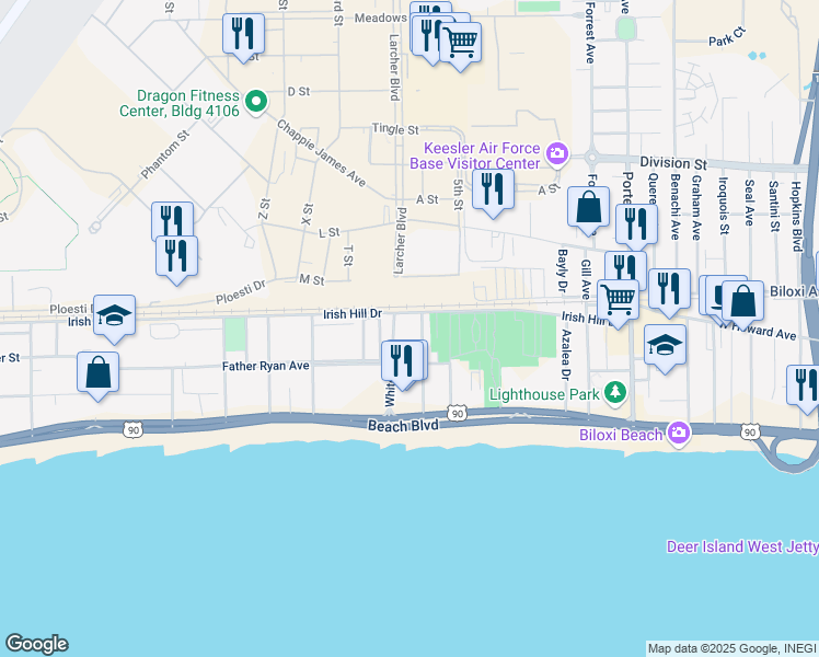 map of restaurants, bars, coffee shops, grocery stores, and more near 174 White Avenue in Biloxi