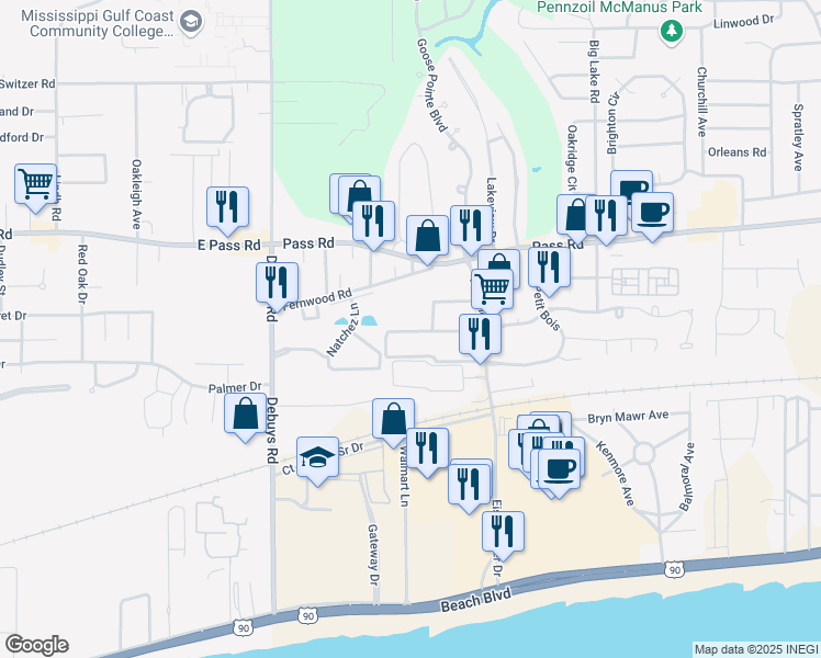 map of restaurants, bars, coffee shops, grocery stores, and more near 251 Eisenhower Drive in Biloxi