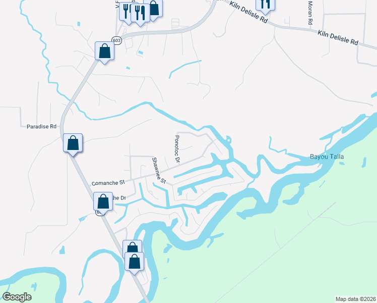 map of restaurants, bars, coffee shops, grocery stores, and more near 6028 Cherokee Place in Kiln