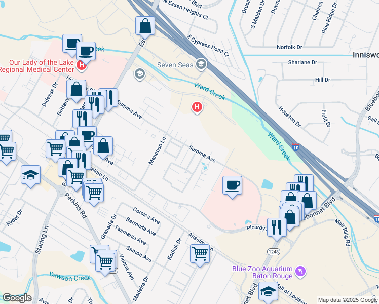 map of restaurants, bars, coffee shops, grocery stores, and more near 8508 Summa Avenue in Baton Rouge