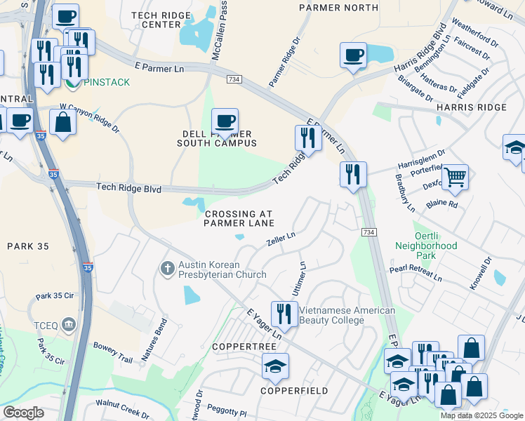map of restaurants, bars, coffee shops, grocery stores, and more near 12501 Tech Ridge Boulevard in Austin