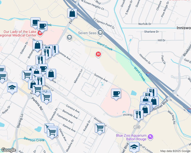 map of restaurants, bars, coffee shops, grocery stores, and more near 5110 Butter Creek Lane in Baton Rouge