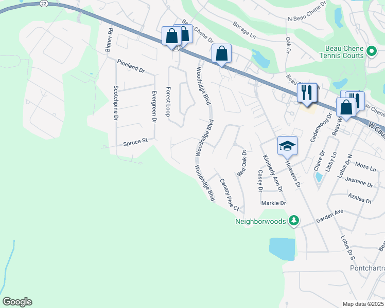 map of restaurants, bars, coffee shops, grocery stores, and more near 521 Woodridge Boulevard in Mandeville