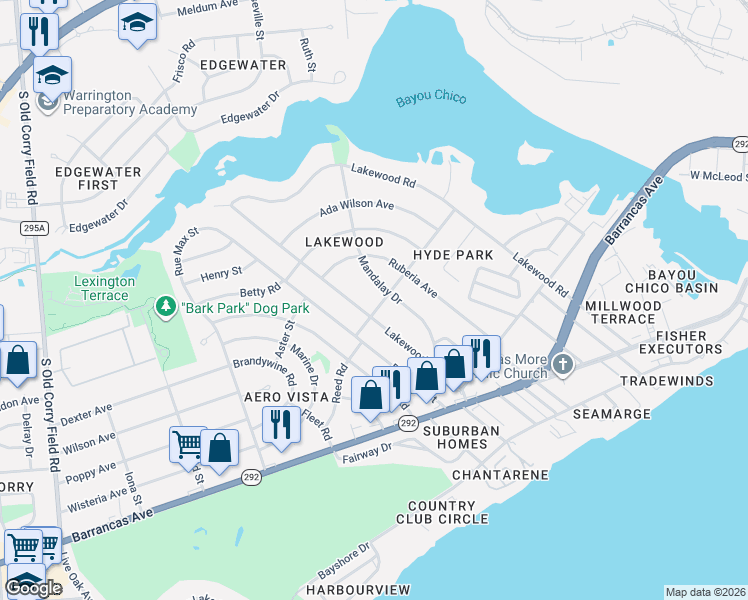 map of restaurants, bars, coffee shops, grocery stores, and more near 200 Lakewood Road in Pensacola
