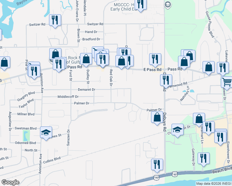 map of restaurants, bars, coffee shops, grocery stores, and more near 508 Red Oak Drive in Gulfport