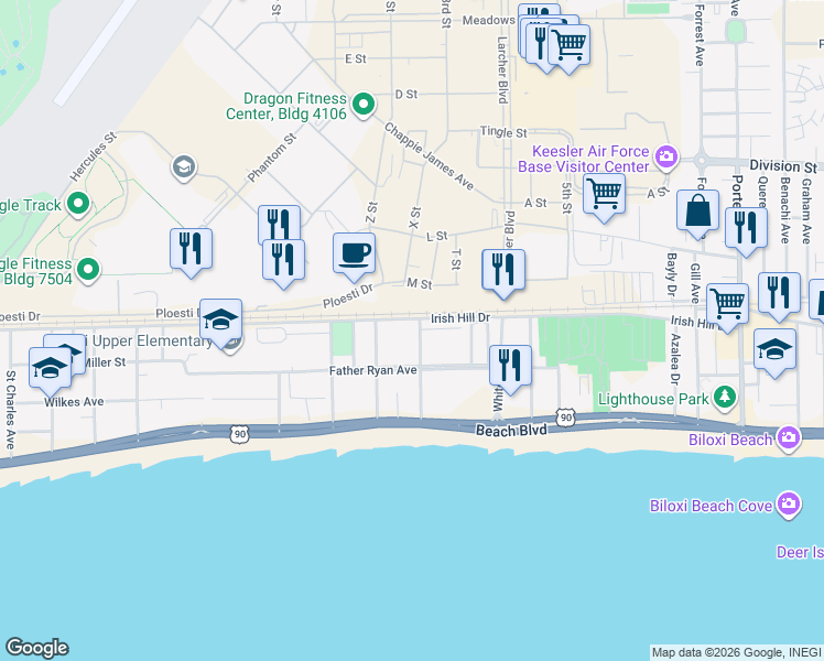map of restaurants, bars, coffee shops, grocery stores, and more near 185 Saint Jude Street in Biloxi