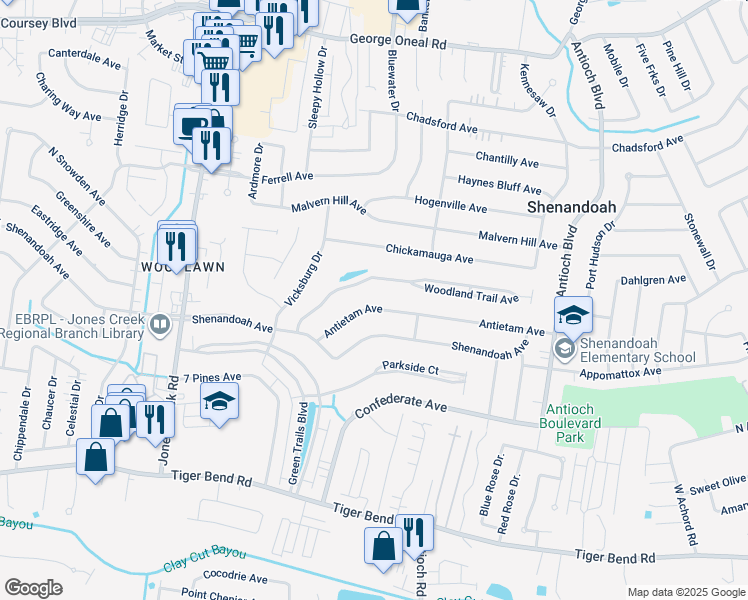 map of restaurants, bars, coffee shops, grocery stores, and more near 15803 Antietam Avenue in Baton Rouge