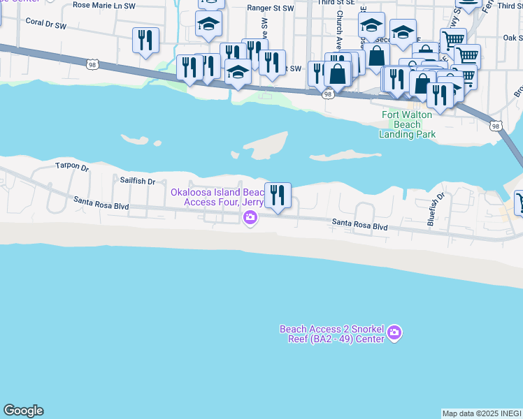 map of restaurants, bars, coffee shops, grocery stores, and more near 536 Dolphin Avenue in Fort Walton Beach