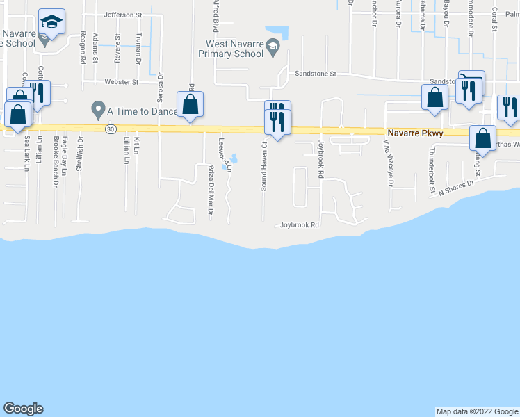 map of restaurants, bars, coffee shops, grocery stores, and more near 7223 Navarre Parkway in Navarre