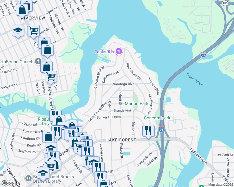 map of restaurants, bars, coffee shops, grocery stores, and more near 963 Ethan Allen Street in Jacksonville