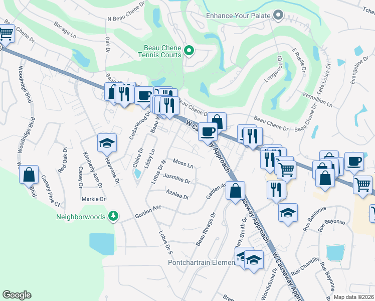map of restaurants, bars, coffee shops, grocery stores, and more near 629 Village Lane North in Mandeville