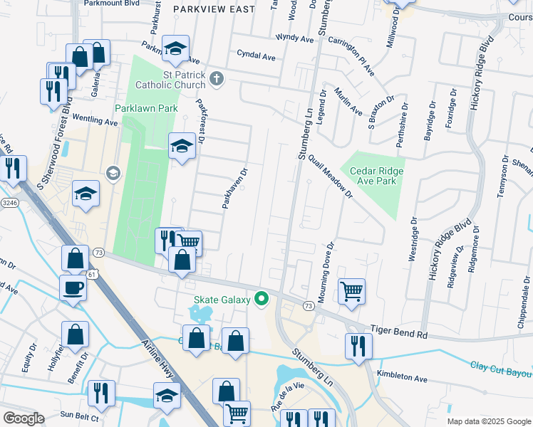 map of restaurants, bars, coffee shops, grocery stores, and more near 5811 Hidden Ridge Lane in Baton Rouge