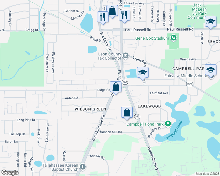map of restaurants, bars, coffee shops, grocery stores, and more near 3502 Crawfordville Road in Tallahassee