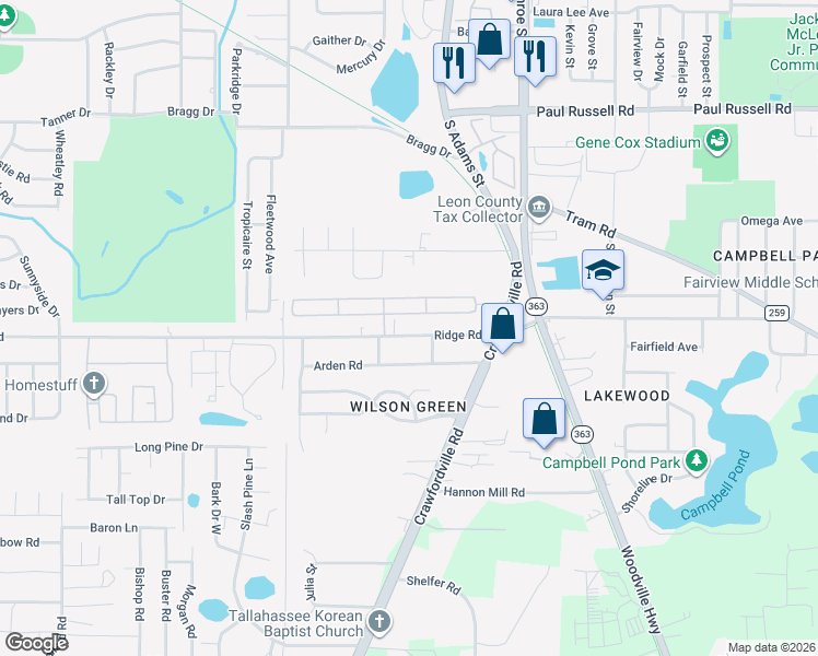 map of restaurants, bars, coffee shops, grocery stores, and more near 205 Ridge Road in Tallahassee