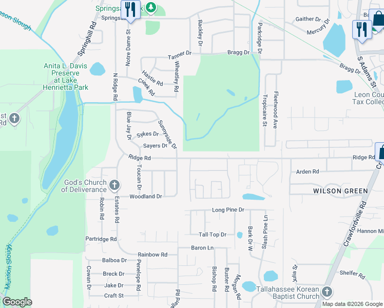map of restaurants, bars, coffee shops, grocery stores, and more near 839 Ridge Road in Tallahassee