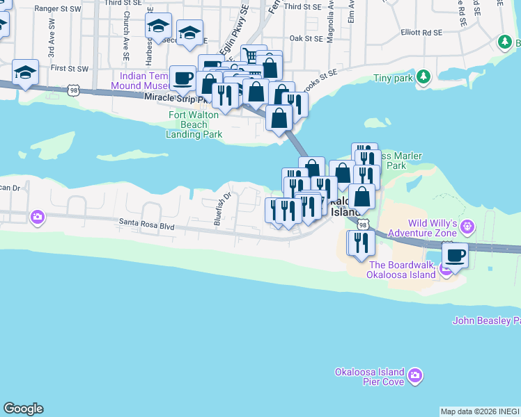 map of restaurants, bars, coffee shops, grocery stores, and more near 216 Angler Avenue in Fort Walton Beach