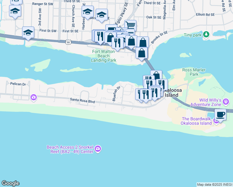 map of restaurants, bars, coffee shops, grocery stores, and more near 362 Bluefish Drive in Fort Walton Beach