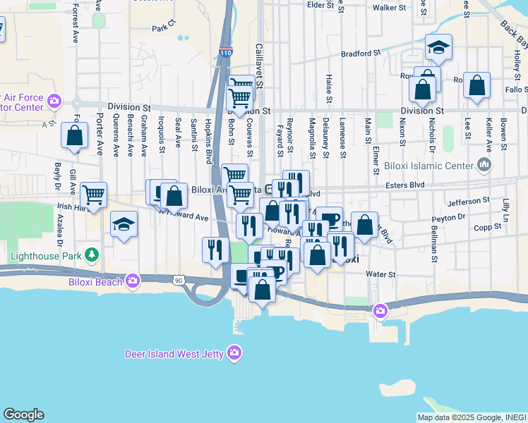 map of restaurants, bars, coffee shops, grocery stores, and more near 870 Howard Avenue in Biloxi