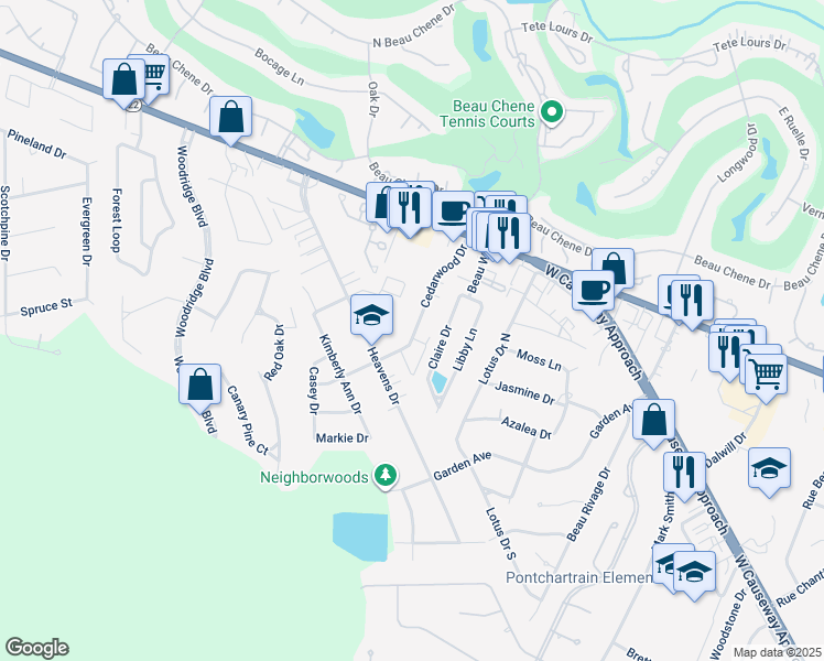 map of restaurants, bars, coffee shops, grocery stores, and more near 603 Cedarwood Drive in Mandeville