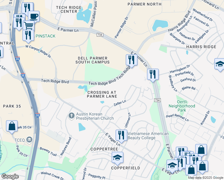 map of restaurants, bars, coffee shops, grocery stores, and more near 12501 Tech Ridge Boulevard in Austin