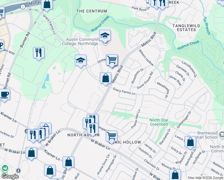map of restaurants, bars, coffee shops, grocery stores, and more near 1913 Prairie Knoll Court in Austin