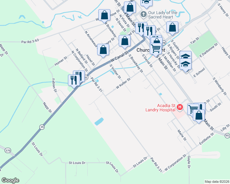 map of restaurants, bars, coffee shops, grocery stores, and more near 703 West Keller Street in Church Point