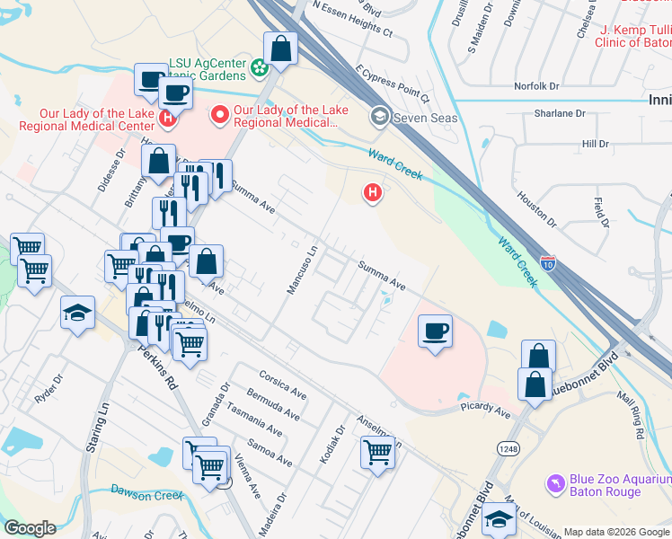 map of restaurants, bars, coffee shops, grocery stores, and more near 5132 Blair Lane in Baton Rouge