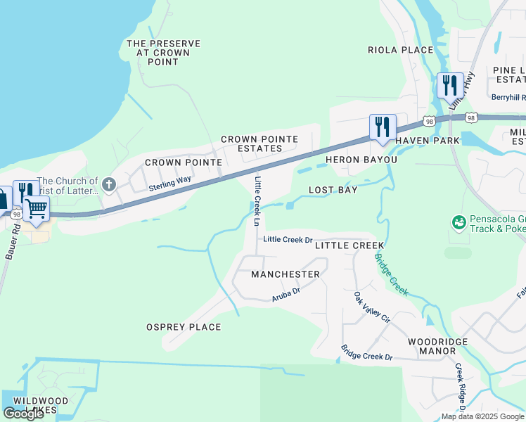 map of restaurants, bars, coffee shops, grocery stores, and more near 11116 Little Creek Lane in Pensacola