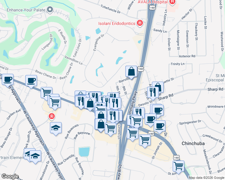 map of restaurants, bars, coffee shops, grocery stores, and more near 2241 10th Street in Mandeville