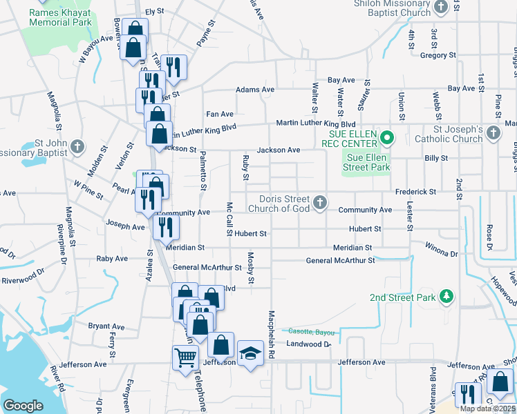 map of restaurants, bars, coffee shops, grocery stores, and more near 4730-4798 Community Avenue in Moss Point
