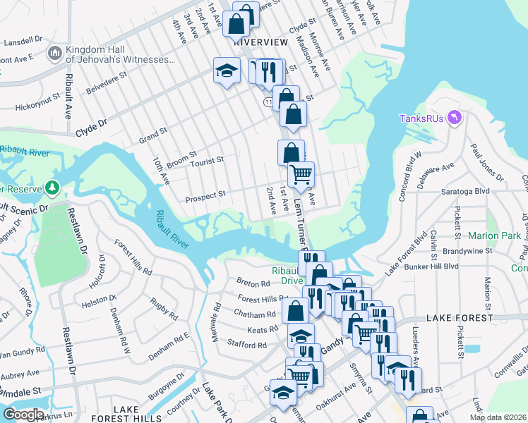 map of restaurants, bars, coffee shops, grocery stores, and more near 8617 3rd Avenue in Jacksonville