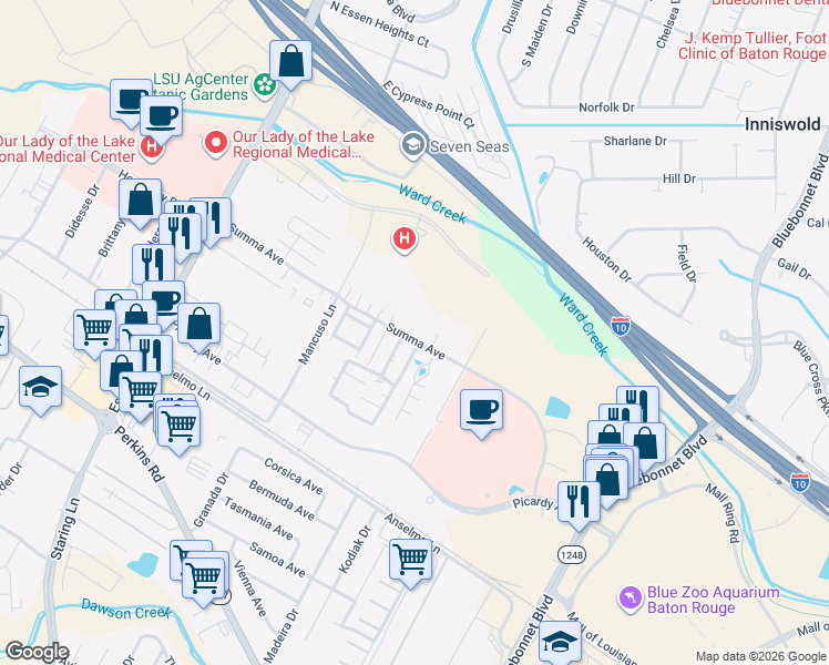 map of restaurants, bars, coffee shops, grocery stores, and more near 8508 Summa Avenue in Baton Rouge