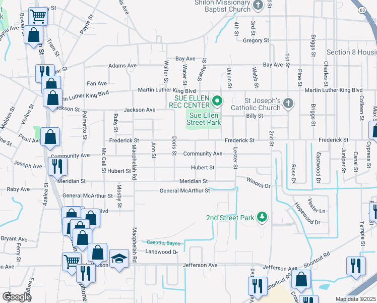 map of restaurants, bars, coffee shops, grocery stores, and more near 3906 Mattson Street in Moss Point