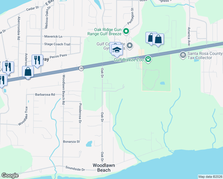 map of restaurants, bars, coffee shops, grocery stores, and more near 1688 Oak Drive in Gulf Breeze
