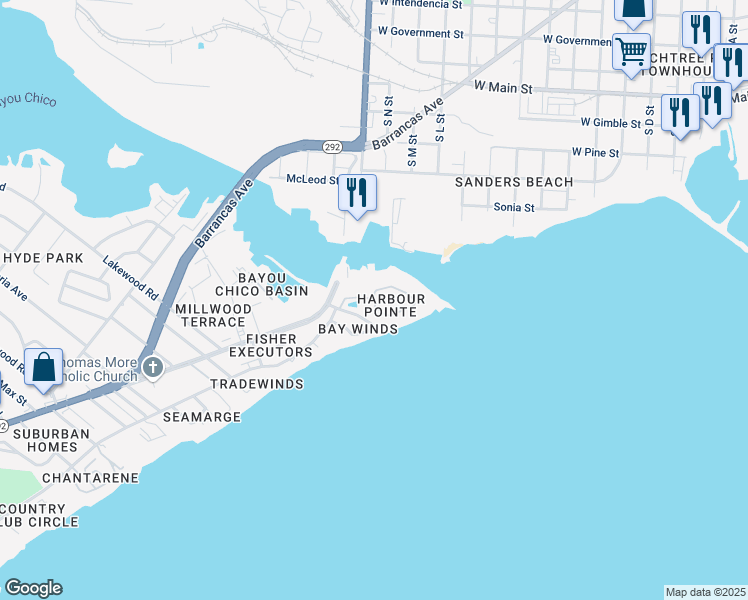 map of restaurants, bars, coffee shops, grocery stores, and more near 582 Windrose Circle in Pensacola