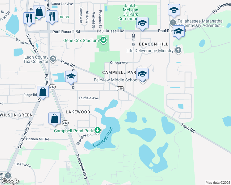 map of restaurants, bars, coffee shops, grocery stores, and more near 415 Gaile Avenue in Tallahassee