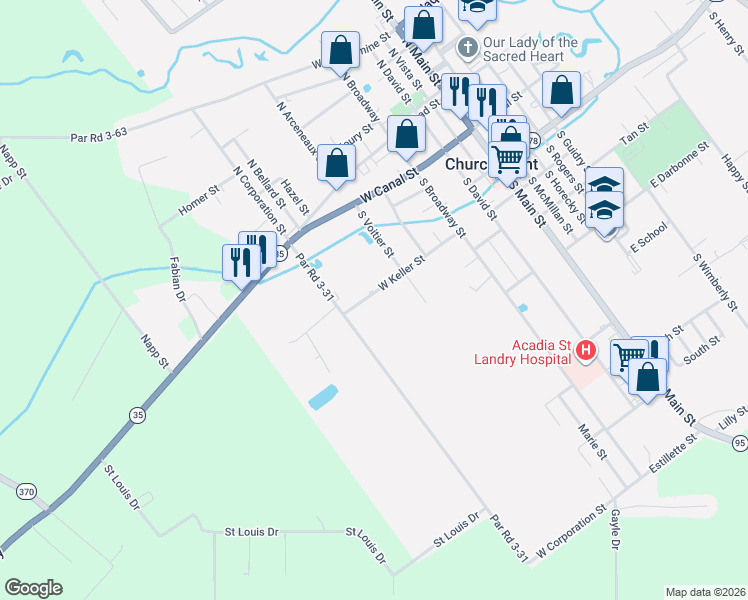 map of restaurants, bars, coffee shops, grocery stores, and more near 703 West Keller Street in Church Point