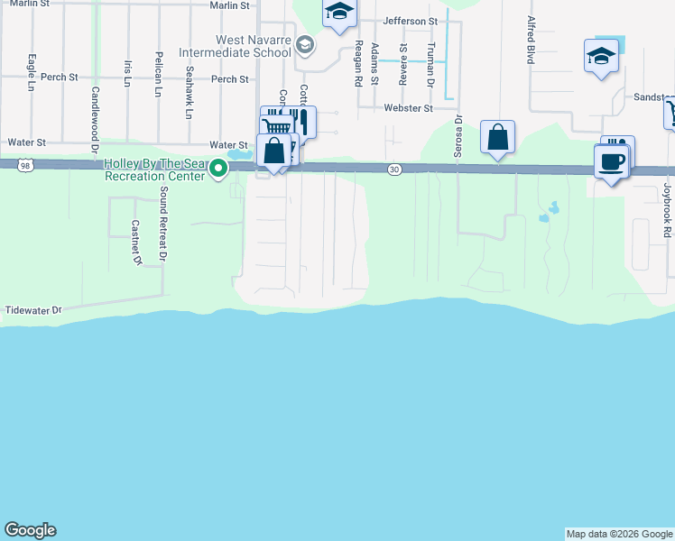 map of restaurants, bars, coffee shops, grocery stores, and more near 7060 Shellfish Court in Navarre